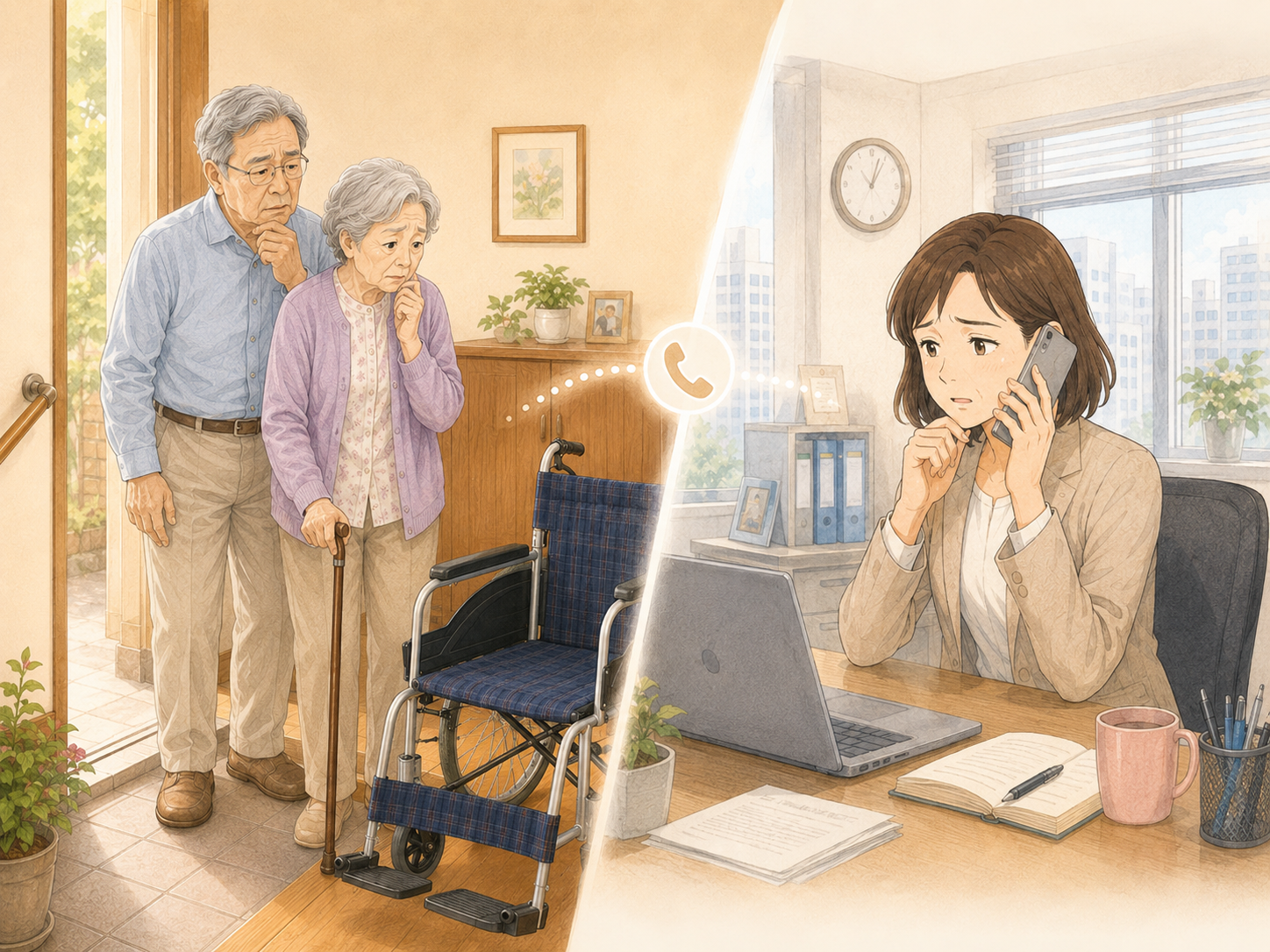 家族が仕事で付き添えず高齢の両親を心配している場面