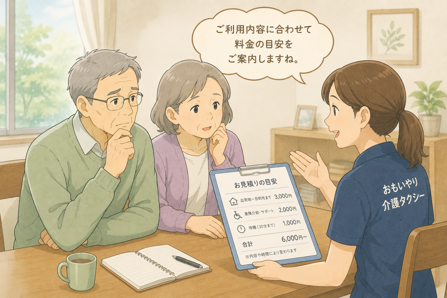 介護タクシーの料金がどれくらいか不安で相談している場面