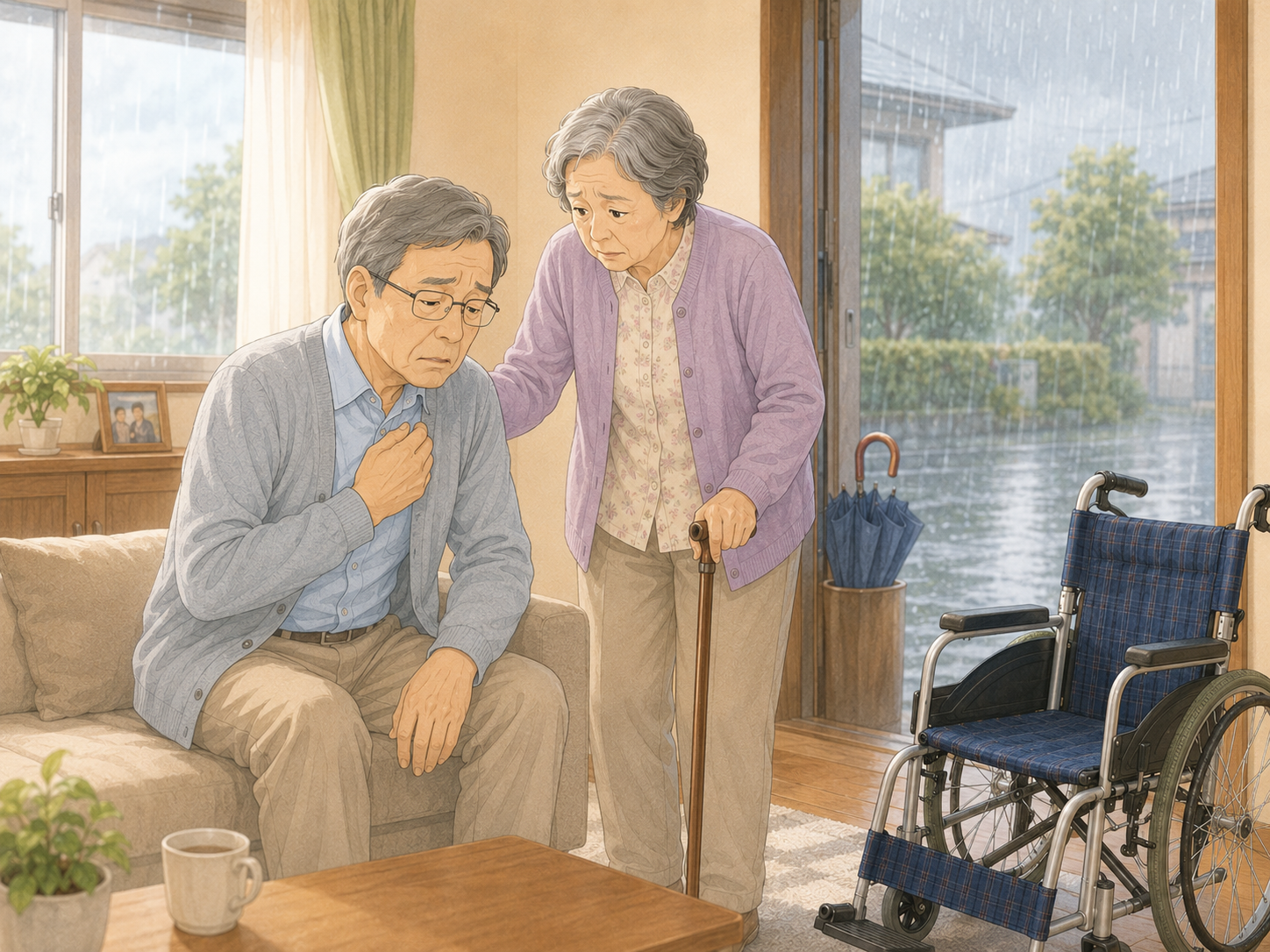 雨の日や体調が不安な日に通院するか迷っている場面