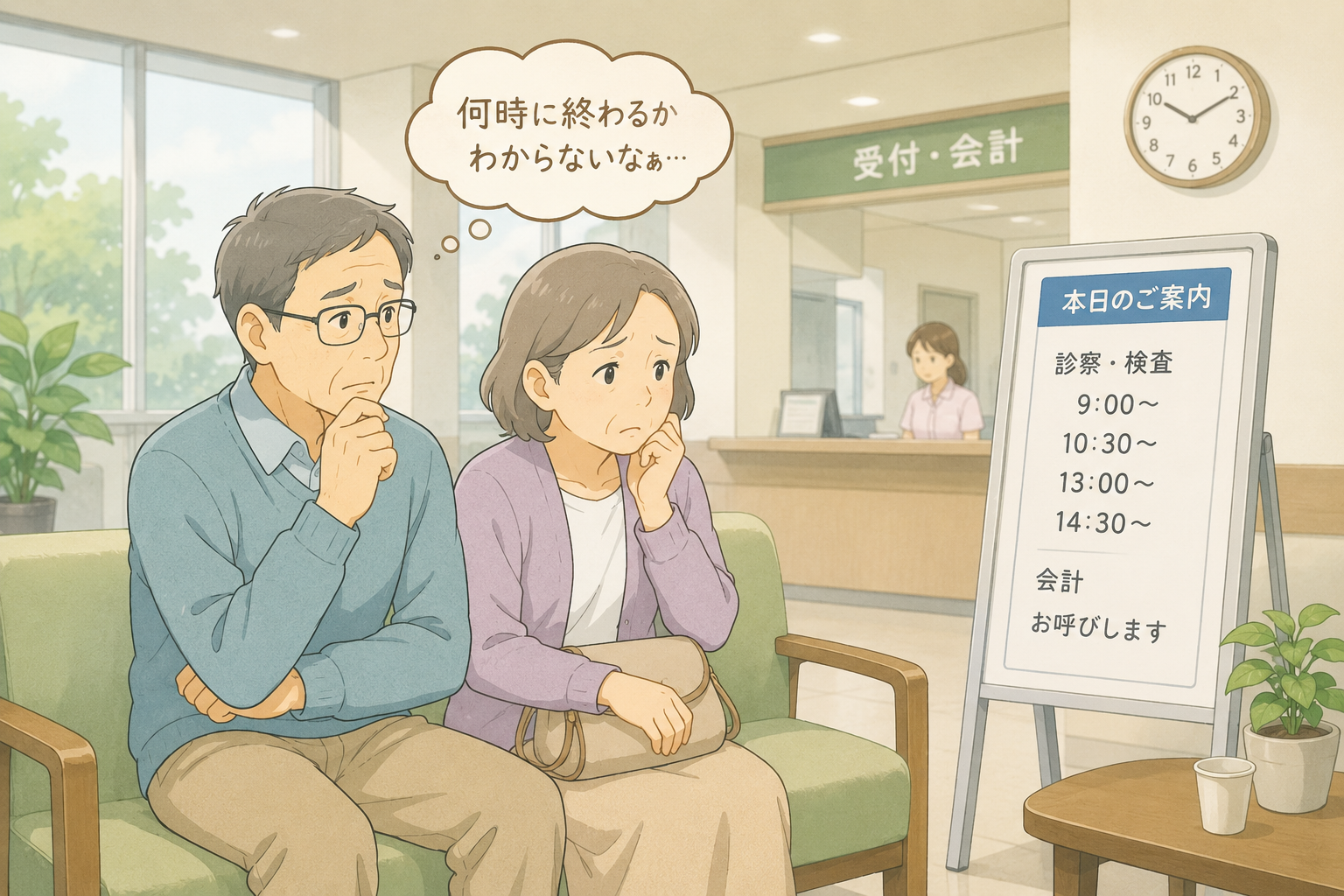 病院で帰りの時間がわからず不安な高齢者の場面